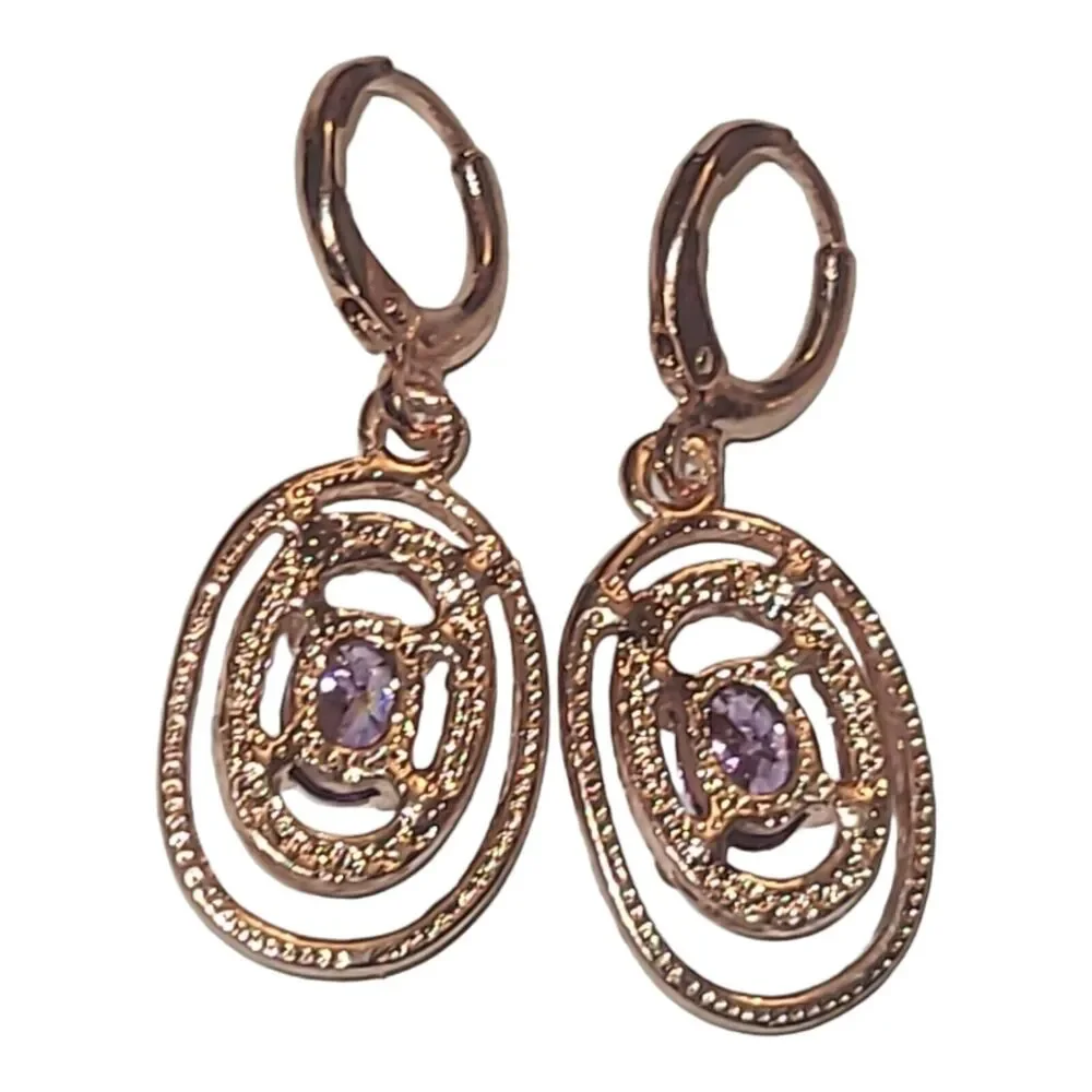Gold Tone Oval Framed Purple Crystal Rhinestone Dangle‎ Earrings 1.25